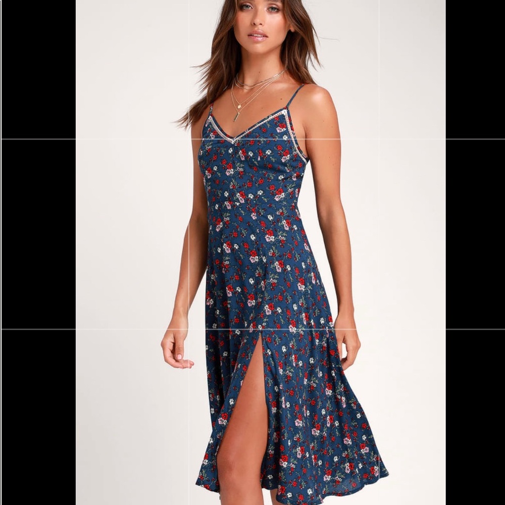 Lulus Esperanza Navy Blue Floral Print Midi Dress